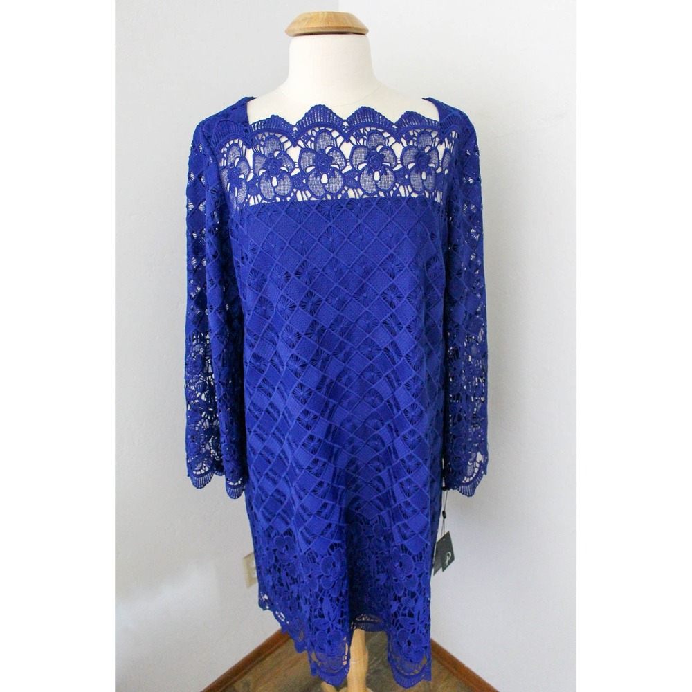 Adrianna Papell Dress‎ Size 18W Blue All Over Lace Long Sleeve Special Occasion